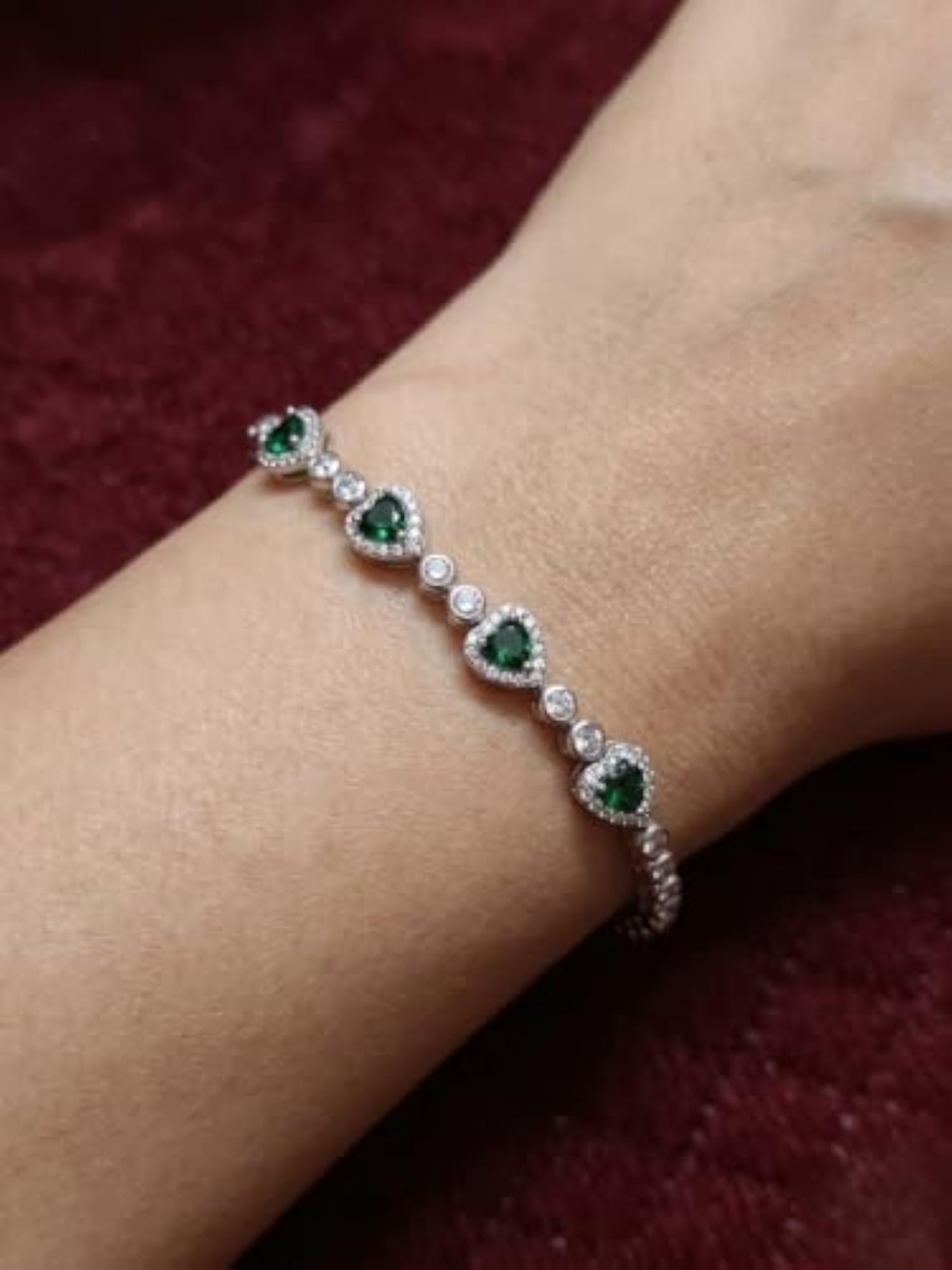 Women's Emerald Heart Halo 925 Sterling Silver Bracelet